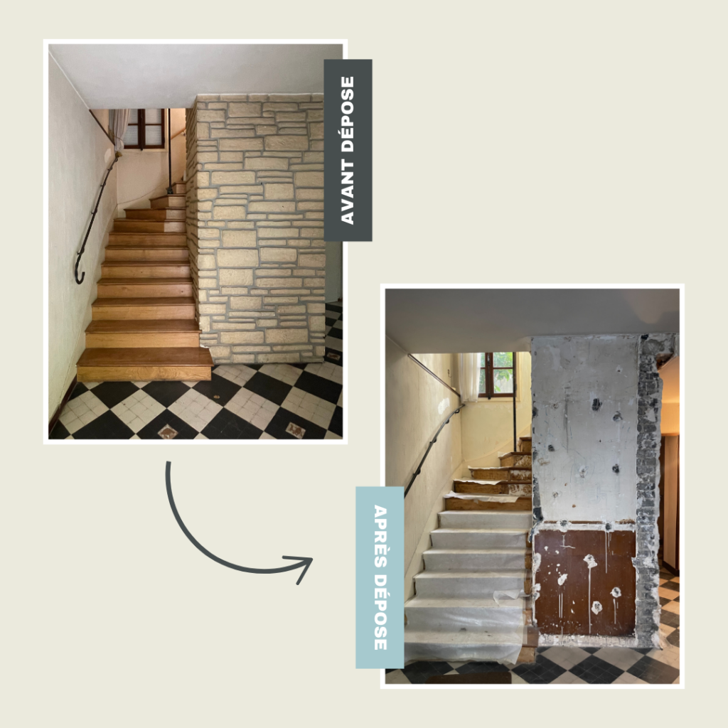 Progression de dépose escalier, photographies avant /après